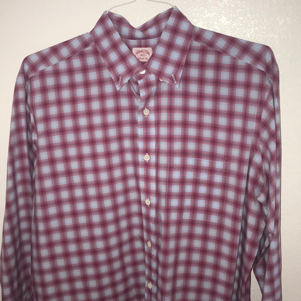 Red and blue button dress shirt.